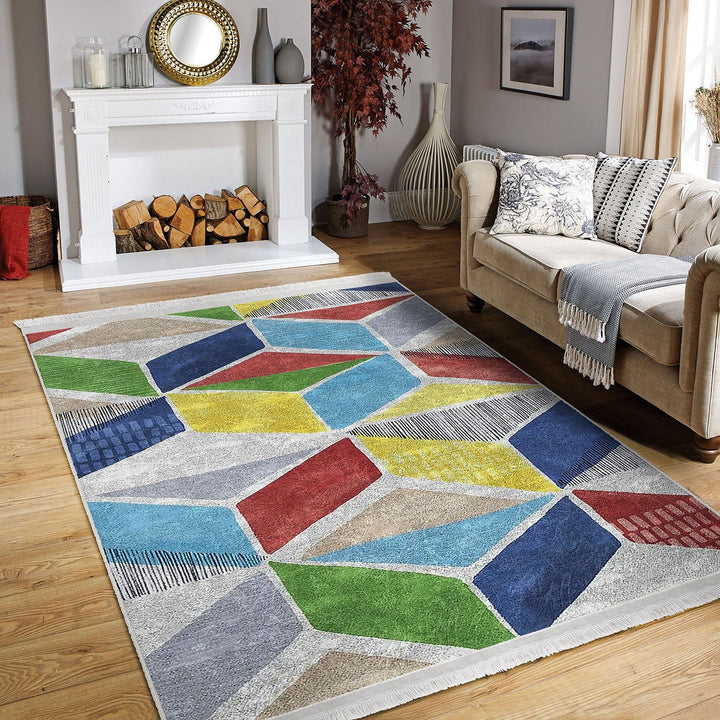 Geometric Area Rug|Colorful Carpet|Machine-Washable Fringed Non-Slip Rug|Boho Style Multi-Purpose Anti-Slip Carpet|Abstract Living Room Rug