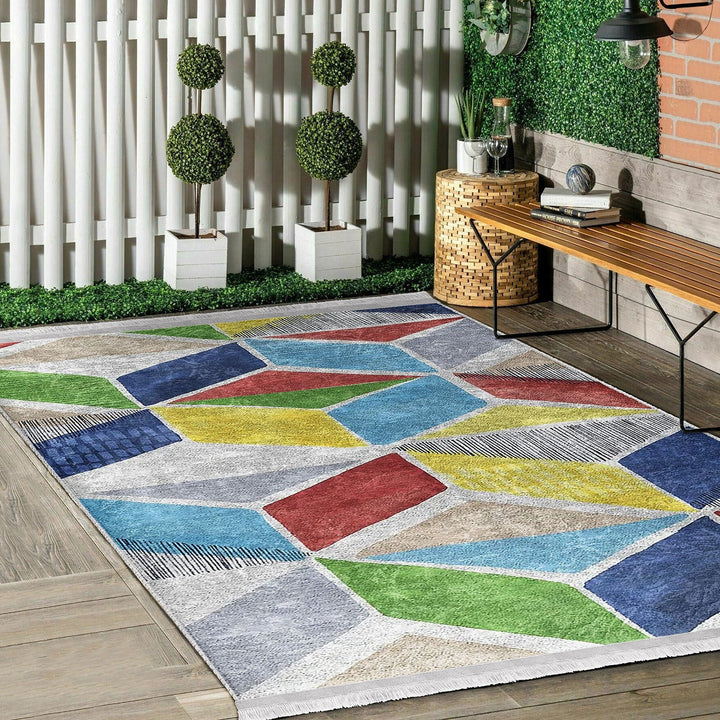 Geometric Area Rug|Colorful Carpet|Machine-Washable Fringed Non-Slip Rug|Boho Style Multi-Purpose Anti-Slip Carpet|Abstract Living Room Rug