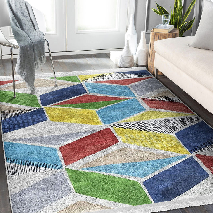 Geometric Area Rug|Colorful Carpet|Machine-Washable Fringed Non-Slip Rug|Boho Style Multi-Purpose Anti-Slip Carpet|Abstract Living Room Rug