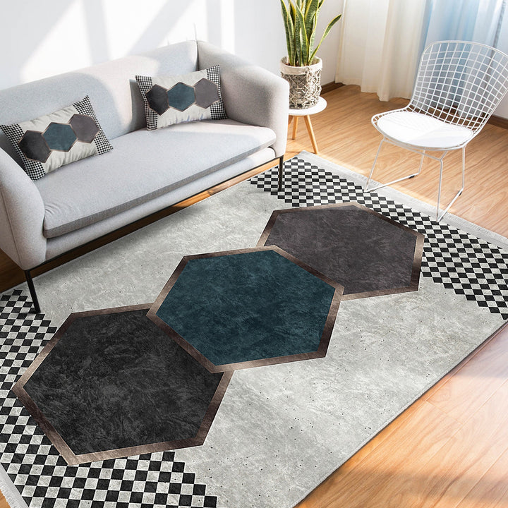 Geometric Area Rug|Hexagon Carpet|Machine-Washable Fringed Non-Slip Rug|Crowbar Pattern Multi-Purpose Anti-Slip Rug|Abstract Living Room Rug