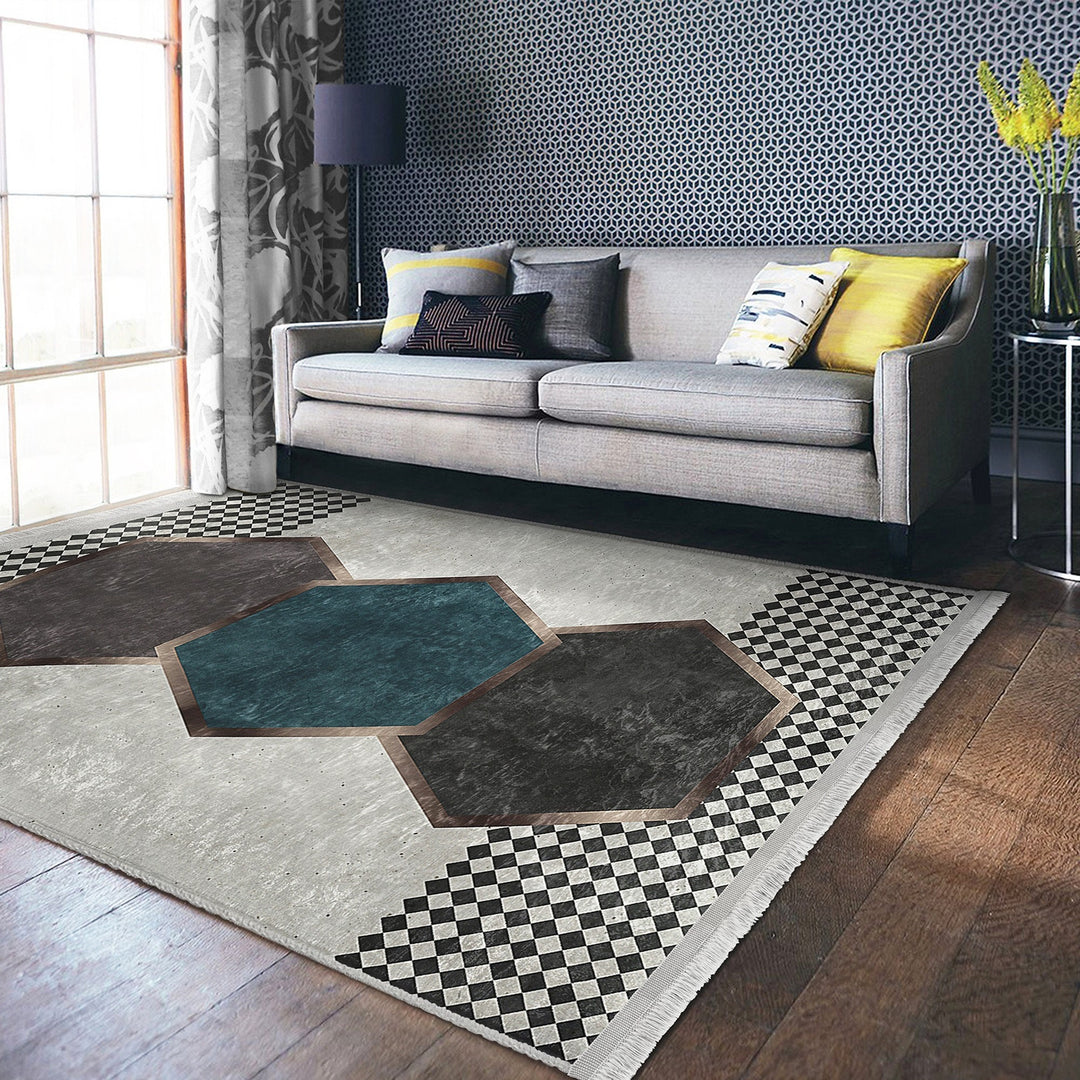 Geometric Area Rug|Hexagon Carpet|Machine-Washable Fringed Non-Slip Rug|Crowbar Pattern Multi-Purpose Anti-Slip Rug|Abstract Living Room Rug