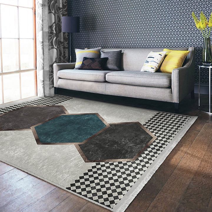 Geometric Area Rug|Hexagon Carpet|Machine-Washable Fringed Non-Slip Rug|Crowbar Pattern Multi-Purpose Anti-Slip Rug|Abstract Living Room Rug