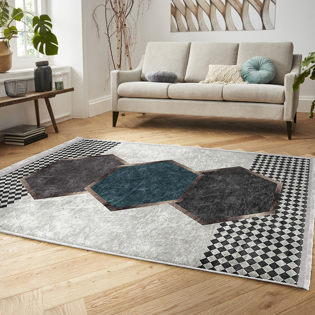 Geometric Area Rug|Hexagon Carpet|Machine-Washable Fringed Non-Slip Rug|Crowbar Pattern Multi-Purpose Anti-Slip Rug|Abstract Living Room Rug