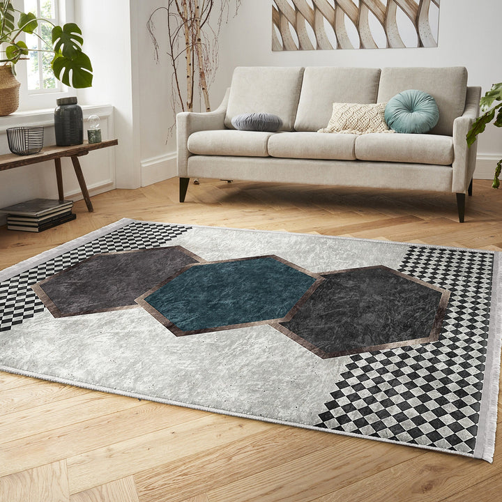 Geometric Area Rug|Hexagon Carpet|Machine-Washable Fringed Non-Slip Rug|Crowbar Pattern Multi-Purpose Anti-Slip Rug|Abstract Living Room Rug