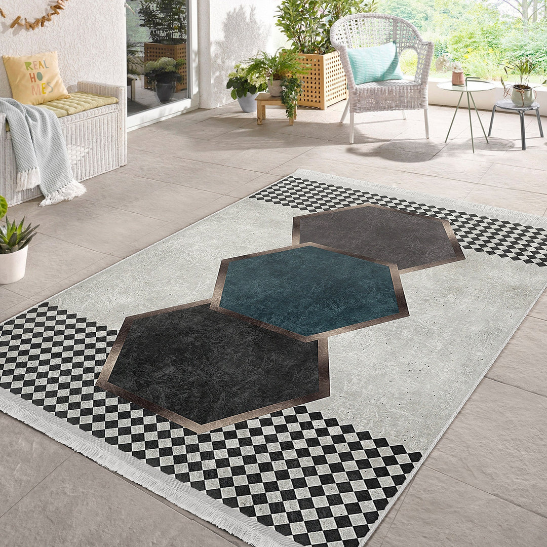 Geometric Area Rug|Hexagon Carpet|Machine-Washable Fringed Non-Slip Rug|Crowbar Pattern Multi-Purpose Anti-Slip Rug|Abstract Living Room Rug