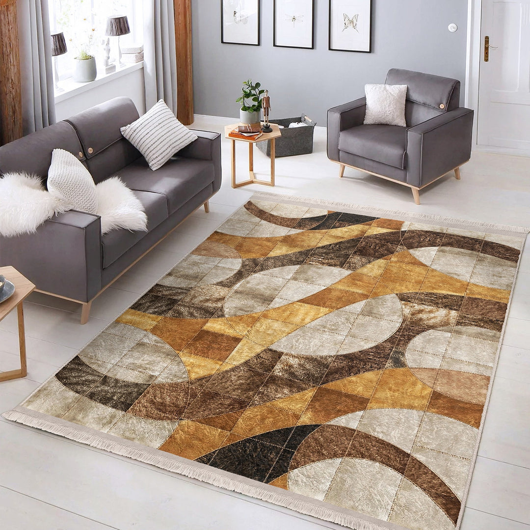 Abstract Area Rug|Brown Beige Carpet|Machine-Washable Fringed Non-Slip Rug|Stylish Multi-Purpose Anti-Slip Carpet|Bohemian Living Room Rug