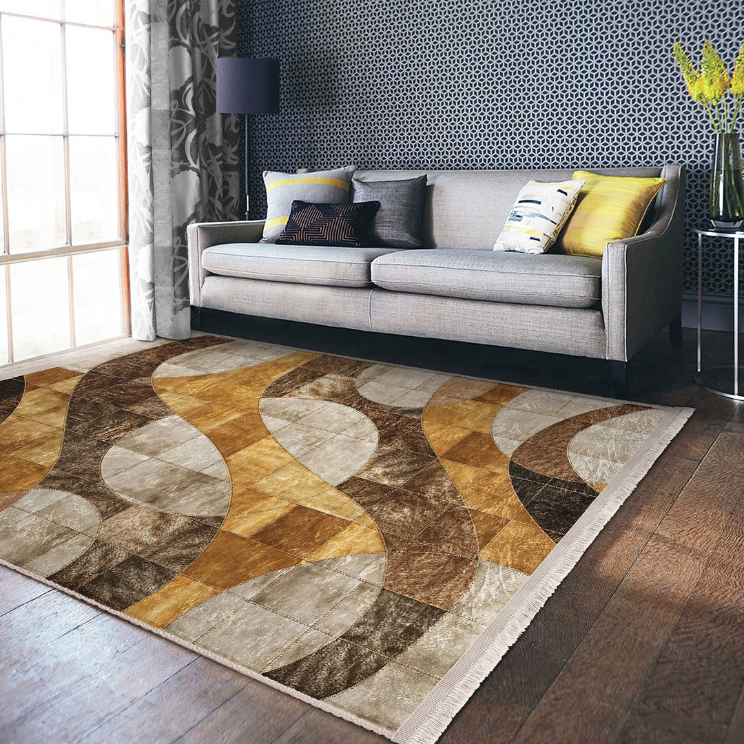 Abstract Area Rug|Brown Beige Carpet|Machine-Washable Fringed Non-Slip Rug|Stylish Multi-Purpose Anti-Slip Carpet|Bohemian Living Room Rug