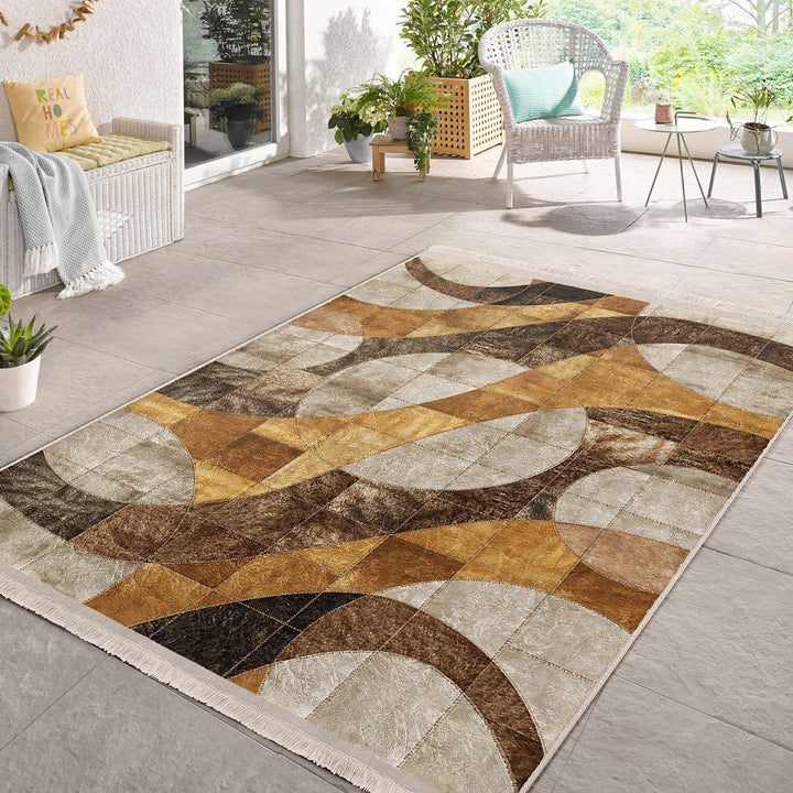 Abstract Area Rug|Brown Beige Carpet|Machine-Washable Fringed Non-Slip Rug|Stylish Multi-Purpose Anti-Slip Carpet|Bohemian Living Room Rug