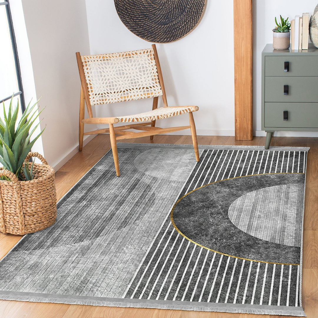 Gray Abstract Rug|Boho Area Carpet|Machine-Washable Fringed Non-Slip Rug|Geometric Living Room Rug|Modern Multi-Purpose Anti-Slip Carpet