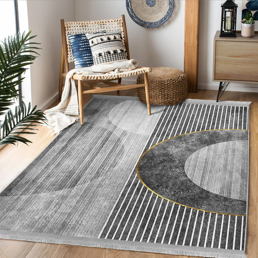 Gray Abstract Rug|Boho Area Carpet|Machine-Washable Fringed Non-Slip Rug|Geometric Living Room Rug|Modern Multi-Purpose Anti-Slip Carpet