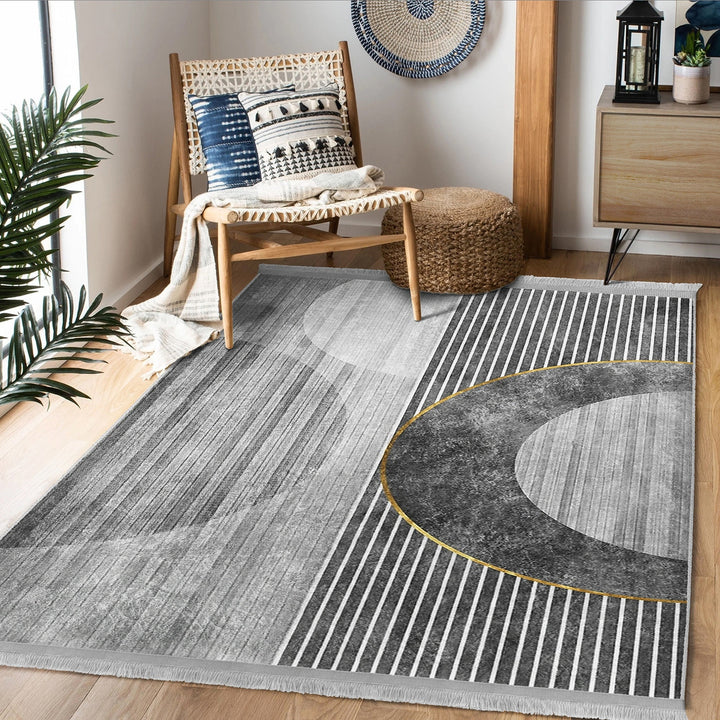 Gray Abstract Rug|Boho Area Carpet|Machine-Washable Fringed Non-Slip Rug|Geometric Living Room Rug|Modern Multi-Purpose Anti-Slip Carpet