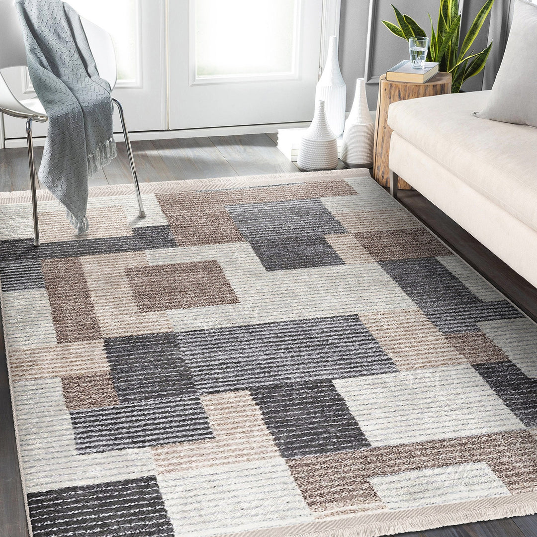 Abstract Striped Rug|Bohemian Area Carpet|Machine-Washable Fringed Non-Slip Rug|Decorative Multi-Purpose Anti-Slip Carpet|Living Room Rug