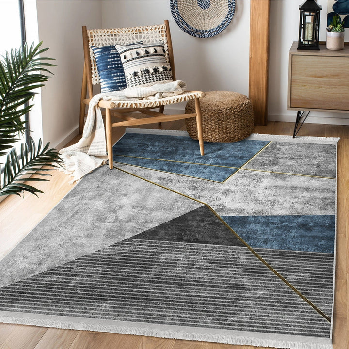 Abstract Gray Rug|Geometric Carpet|Machine-Washable Fringed Non-Slip Rug|Farmhouse Multi-Purpose Anti-Slip Carpet|Boho Style Living Room Rug