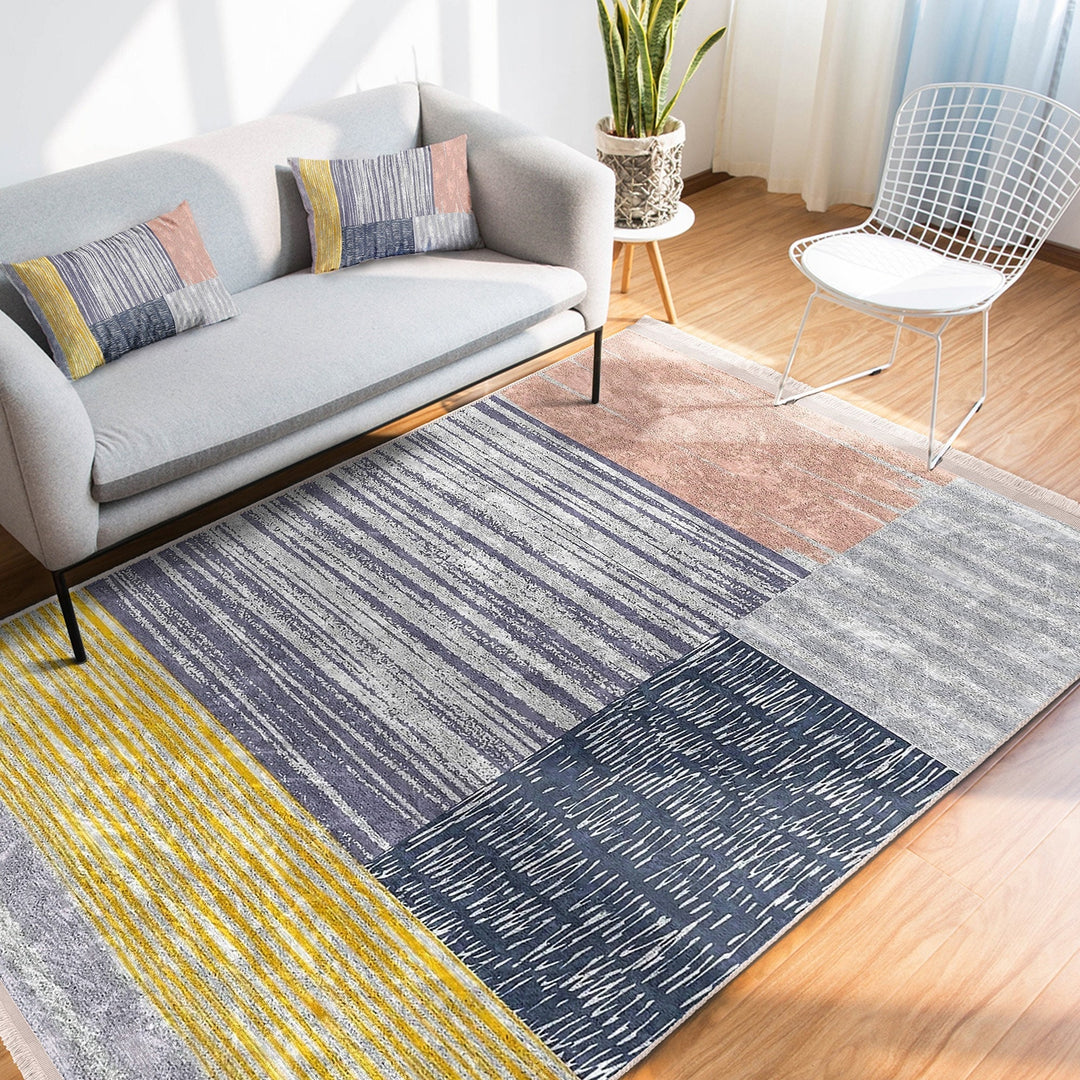 Abstract Pattern Rug|Gray Yellow Carpet|Machine-Washable Fringed Non-Slip Rug|Modern Multi-Purpose Anti-Slip Carpet|Bohemian Living Room Rug