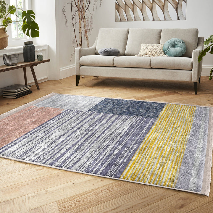 Abstract Pattern Rug|Gray Yellow Carpet|Machine-Washable Fringed Non-Slip Rug|Modern Multi-Purpose Anti-Slip Carpet|Bohemian Living Room Rug