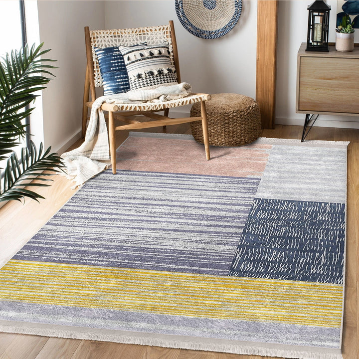 Abstract Pattern Rug|Gray Yellow Carpet|Machine-Washable Fringed Non-Slip Rug|Modern Multi-Purpose Anti-Slip Carpet|Bohemian Living Room Rug