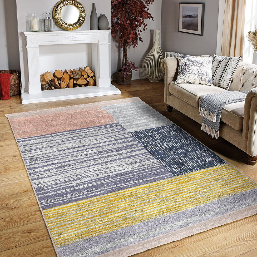 Abstract Pattern Rug|Gray Yellow Carpet|Machine-Washable Fringed Non-Slip Rug|Modern Multi-Purpose Anti-Slip Carpet|Bohemian Living Room Rug