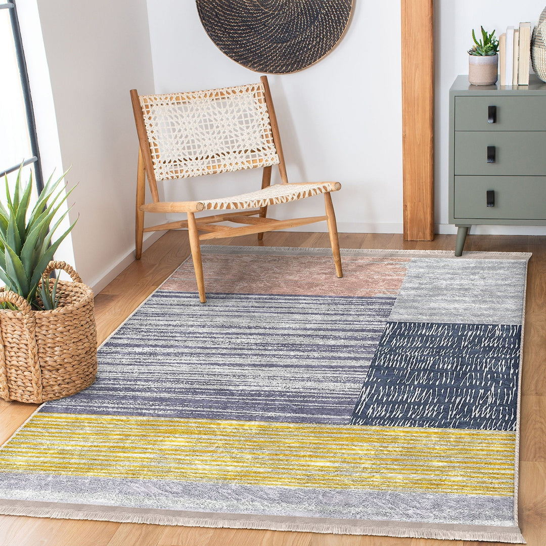 Abstract Pattern Rug|Gray Yellow Carpet|Machine-Washable Fringed Non-Slip Rug|Modern Multi-Purpose Anti-Slip Carpet|Bohemian Living Room Rug