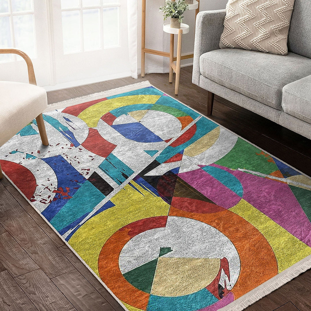 Abstract Pattern Rug|Boho Style Carpet|Machine-Washable Fringed Non-Slip Rug|Modern Multi-Purpose Anti-Slip Carpet|Colorful Living Room Rug