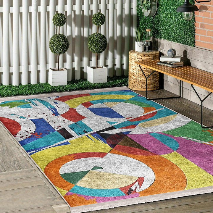 Abstract Pattern Rug|Boho Style Carpet|Machine-Washable Fringed Non-Slip Rug|Modern Multi-Purpose Anti-Slip Carpet|Colorful Living Room Rug