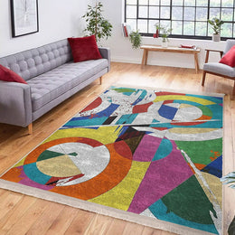 Abstract Pattern Rug|Boho Style Carpet|Machine-Washable Fringed Non-Slip Rug|Modern Multi-Purpose Anti-Slip Carpet|Colorful Living Room Rug
