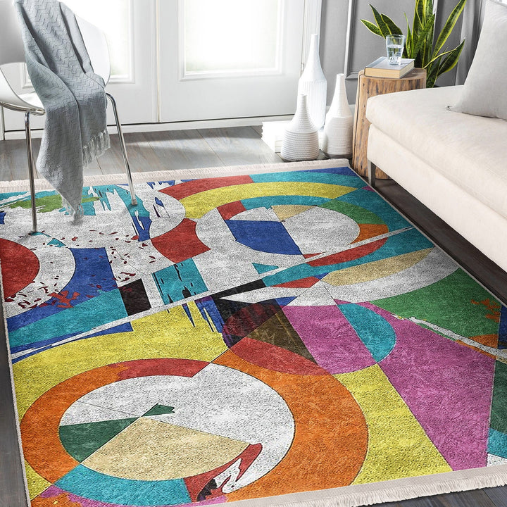 Abstract Pattern Rug|Boho Style Carpet|Machine-Washable Fringed Non-Slip Rug|Modern Multi-Purpose Anti-Slip Carpet|Colorful Living Room Rug