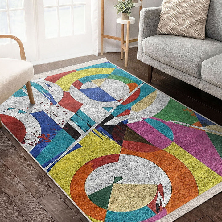 Abstract Pattern Rug|Boho Style Carpet|Machine-Washable Fringed Non-Slip Rug|Modern Multi-Purpose Anti-Slip Carpet|Colorful Living Room Rug