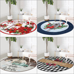 Christmas Round Rug|Circle Non-Slip Rug|Cardinal Bird Round Carpet|Hello Winter Rug|Red Poinsettia Decor|Merry Xmas Carpet|Floral Xmas Mat