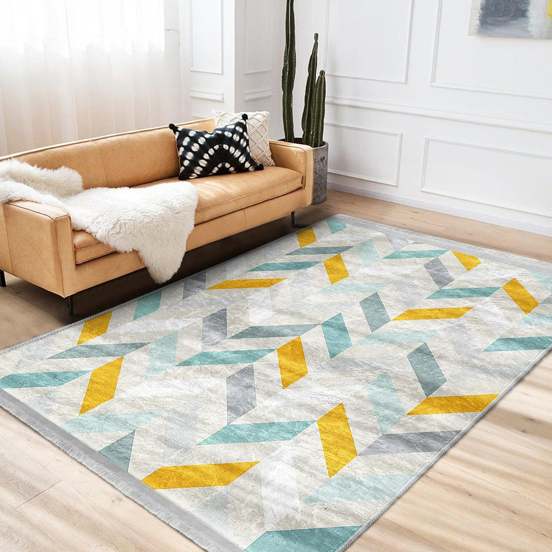 Modern Motif Rug|Boho Style Carpet|Machine-Washable Fringed Non-Slip Rug|Stylish Multi-Purpose Anti-Slip Carpet|Geometric Living Room Rug