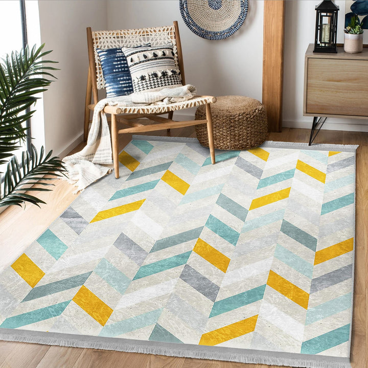 Modern Motif Rug|Boho Style Carpet|Machine-Washable Fringed Non-Slip Rug|Stylish Multi-Purpose Anti-Slip Carpet|Geometric Living Room Rug