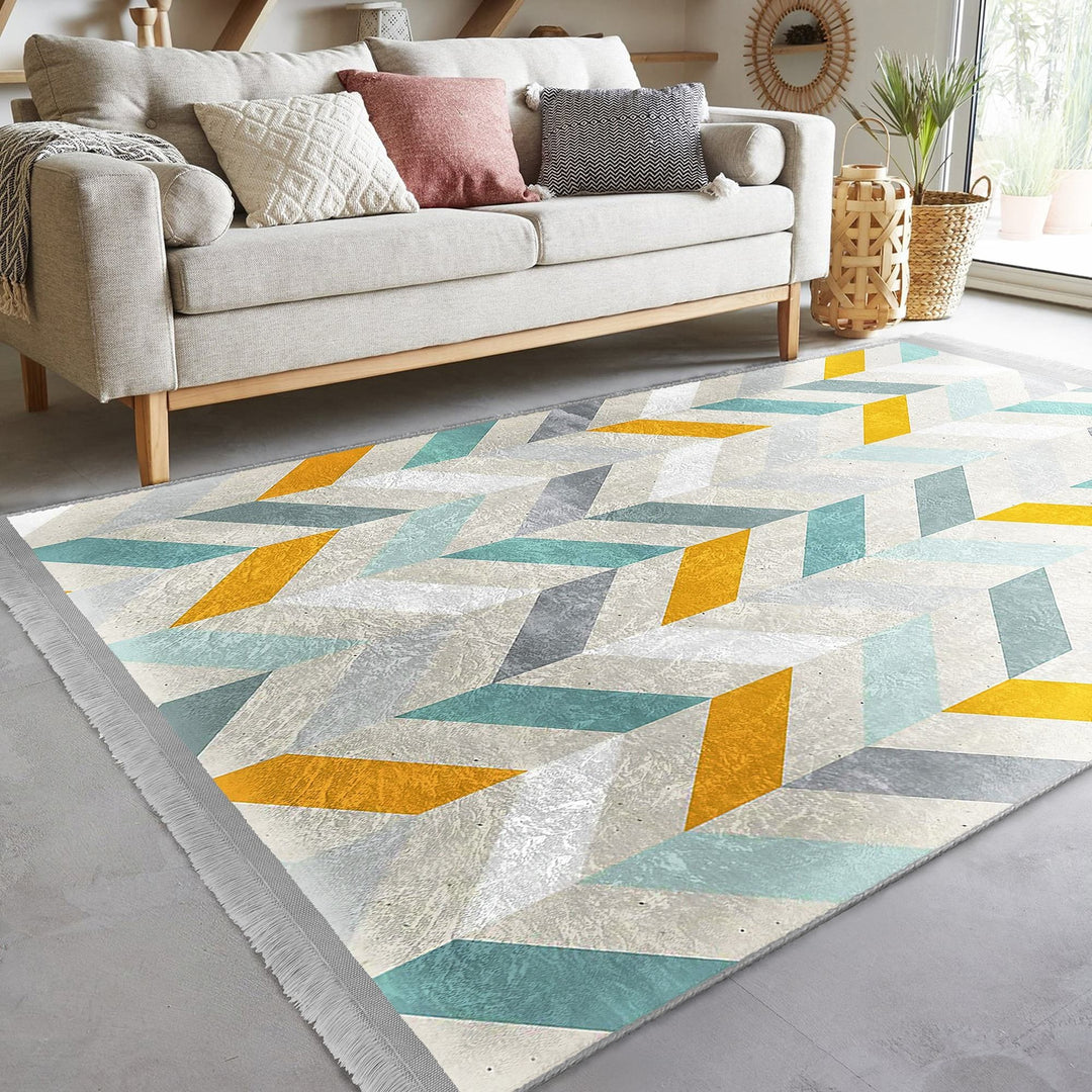 Modern Motif Rug|Boho Style Carpet|Machine-Washable Fringed Non-Slip Rug|Stylish Multi-Purpose Anti-Slip Carpet|Geometric Living Room Rug