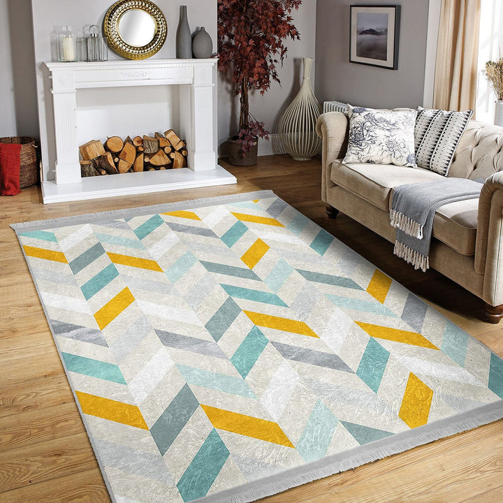 Modern Motif Rug|Boho Style Carpet|Machine-Washable Fringed Non-Slip Rug|Stylish Multi-Purpose Anti-Slip Carpet|Geometric Living Room Rug