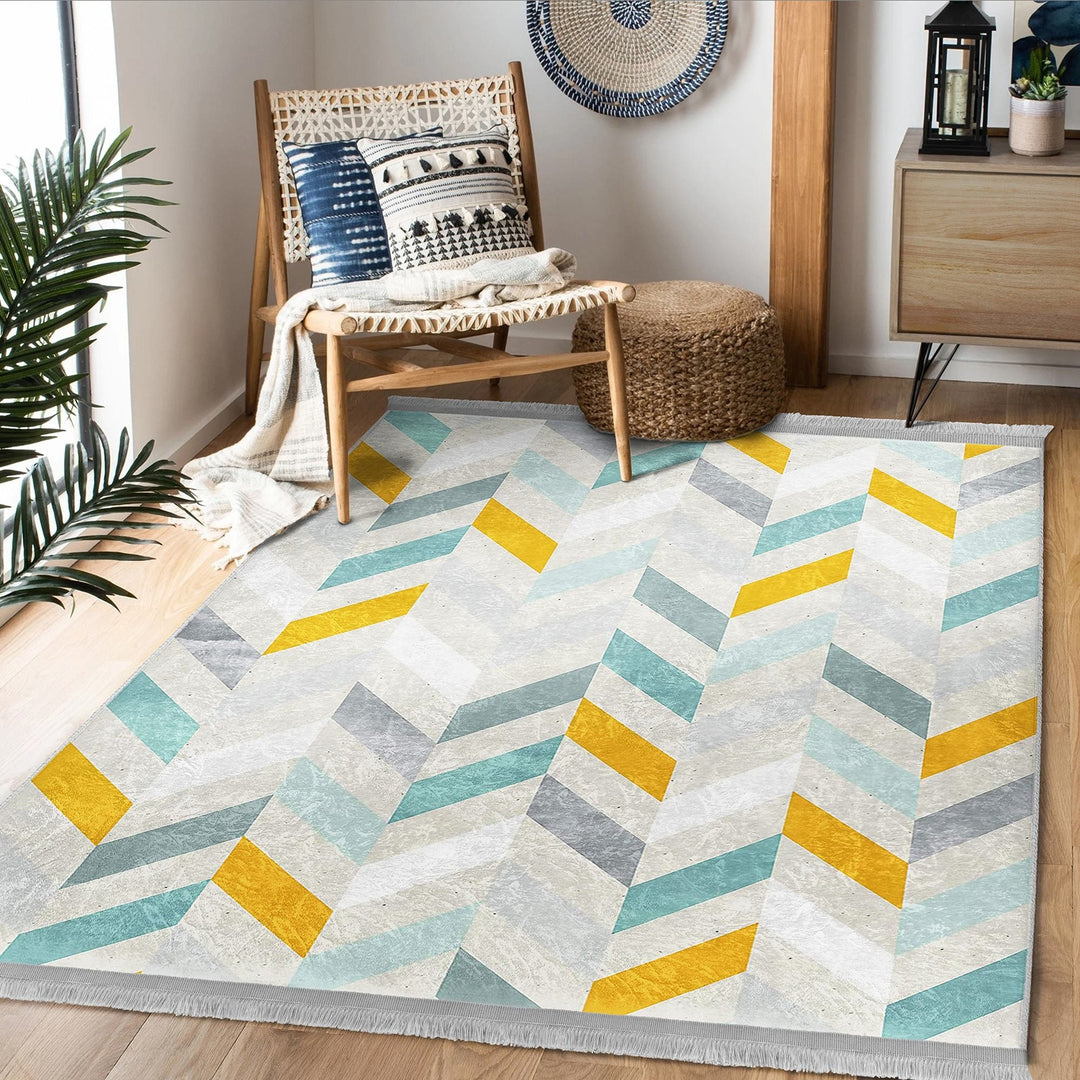 Modern Motif Rug|Boho Style Carpet|Machine-Washable Fringed Non-Slip Rug|Stylish Multi-Purpose Anti-Slip Carpet|Geometric Living Room Rug