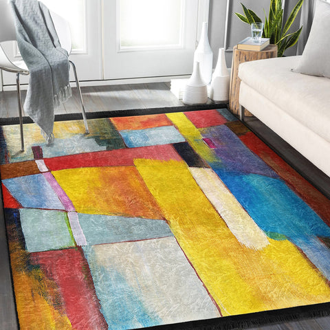 Abstract Area Rug|Colorful Boho Carpet|Machine-Washable Fringed Non-Slip Rug|Modern Multi-Purpose Anti-Slip Carpet|Abstract Living Room Rug