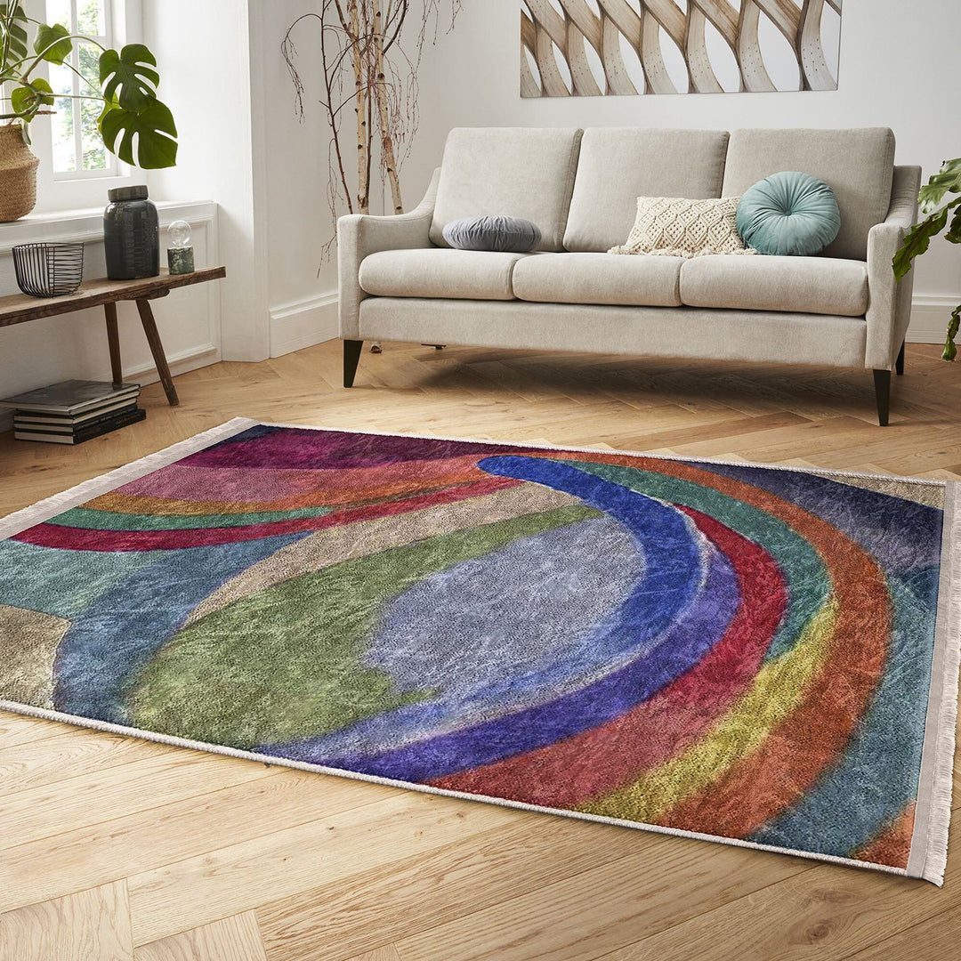 Colorful Area Rug|Boho Style Carpet|Machine-Washable Fringed Non-Slip Rug|Farmhouse Multi-Purpose Anti-Slip Carpet|Abstract Living Room Rug