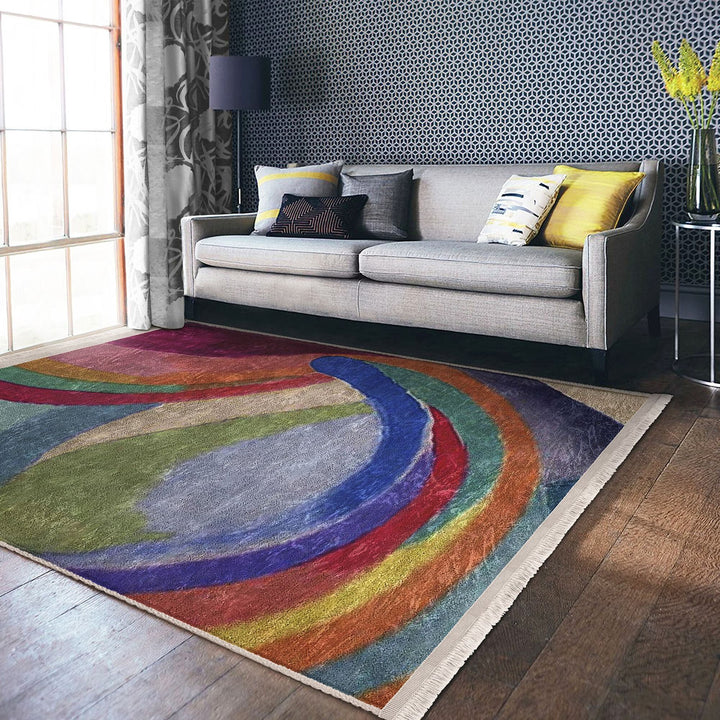 Colorful Area Rug|Boho Style Carpet|Machine-Washable Fringed Non-Slip Rug|Farmhouse Multi-Purpose Anti-Slip Carpet|Abstract Living Room Rug