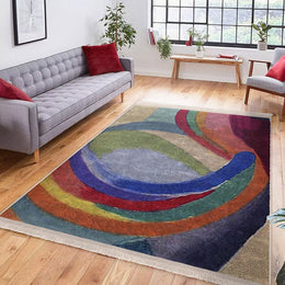 Colorful Area Rug|Boho Style Carpet|Machine-Washable Fringed Non-Slip Rug|Farmhouse Multi-Purpose Anti-Slip Carpet|Abstract Living Room Rug