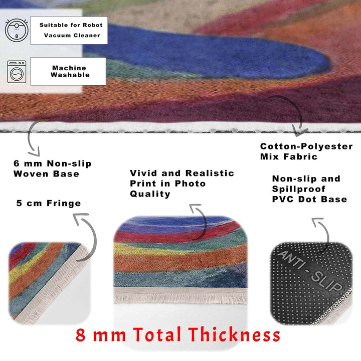 Colorful Area Rug|Boho Style Carpet|Machine-Washable Fringed Non-Slip Rug|Farmhouse Multi-Purpose Anti-Slip Carpet|Abstract Living Room Rug