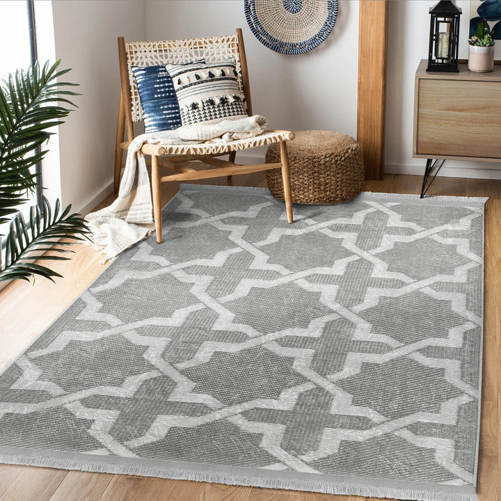 Geometric Area Rug|Boho Gray Carpet|Machine-Washable Fringed Non-Slip Rug|Farmhouse Multi-Purpose Anti-Slip Carpet|Abstract Living Room Rug