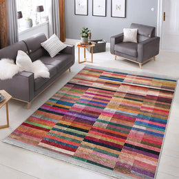 Abstract Area Rug|Bold Lines Carpet|Machine-Washable Fringed Non-Slip Rug|Colorful Multi-Purpose Anti-Slip Carpet|Abstract Living Room Rug