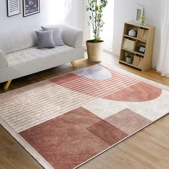 Abstract Area Rug|Brick Color Carpet|Machine-Washable Fringed Non-Slip Rug|Stylish Multi-Purpose Anti-Slip Carpet|Decorative Living Room Rug
