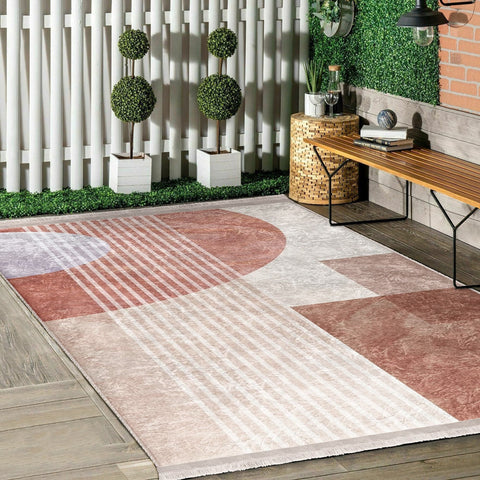 Abstract Area Rug|Brick Color Carpet|Machine-Washable Fringed Non-Slip Rug|Stylish Multi-Purpose Anti-Slip Carpet|Decorative Living Room Rug