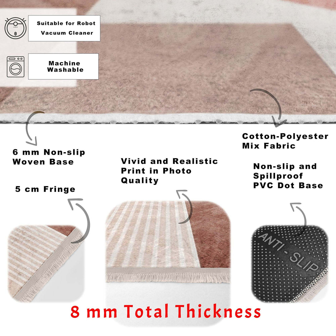 Abstract Area Rug|Brick Color Carpet|Machine-Washable Fringed Non-Slip Rug|Stylish Multi-Purpose Anti-Slip Carpet|Decorative Living Room Rug