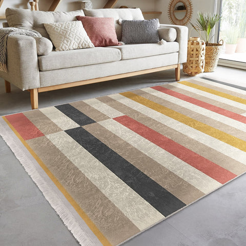 Striped Abstract Rug|Boho Style Carpet|Machine-Washable Fringed Non-Slip Rug|Modern Multi-Purpose Anti-Slip Carpet|Geometric Living Room Rug