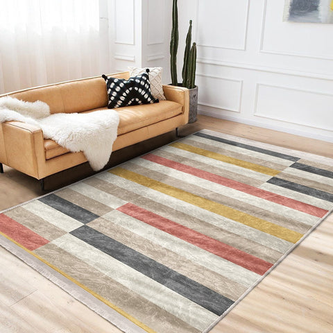 Striped Abstract Rug|Boho Style Carpet|Machine-Washable Fringed Non-Slip Rug|Modern Multi-Purpose Anti-Slip Carpet|Geometric Living Room Rug