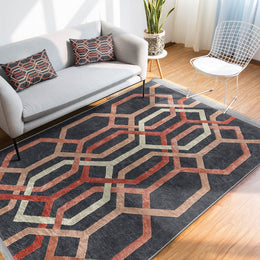 Hexagon Pattern Rug|Abstract Geometric Area Carpet|Multi-Purpose Anti-Slip Living Room Rug|Boho Carpet|Machine-Washable Fringed Non-Slip Rug