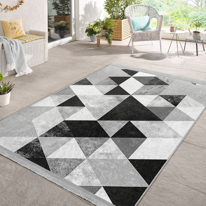 Geometric Area Rug|Boho Style Abstract Carpet|Machine-Washable Fringed Non-Slip Rug|Triangle Pattern Multi-Purpose Anti-Slip Living Room Rug