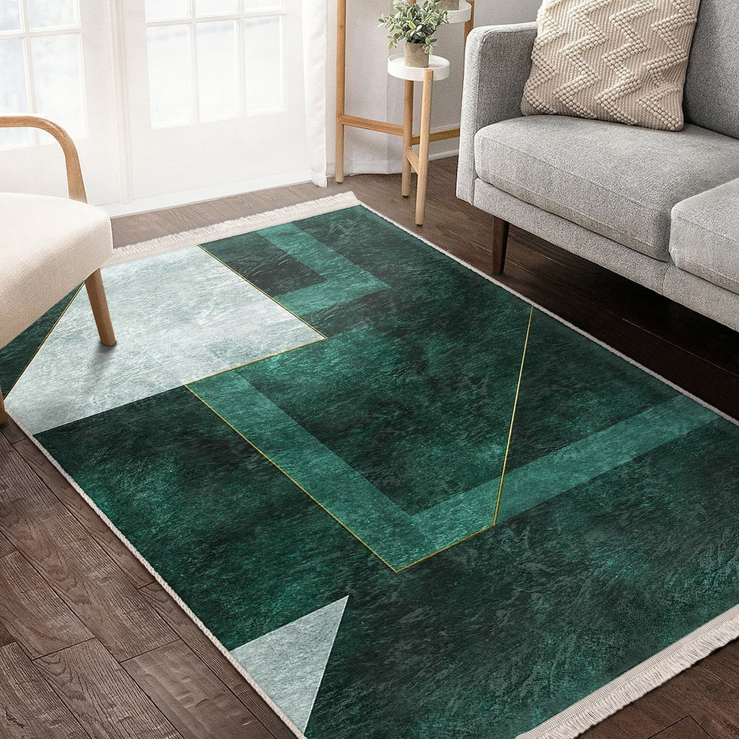 Abstract Green Rug|Stylish Area Carpet|Decorative Carpet|Machine-Washable Fringed Non-Slip Rug|Multi-Purpose Anti-Slip Floor Covering Rug