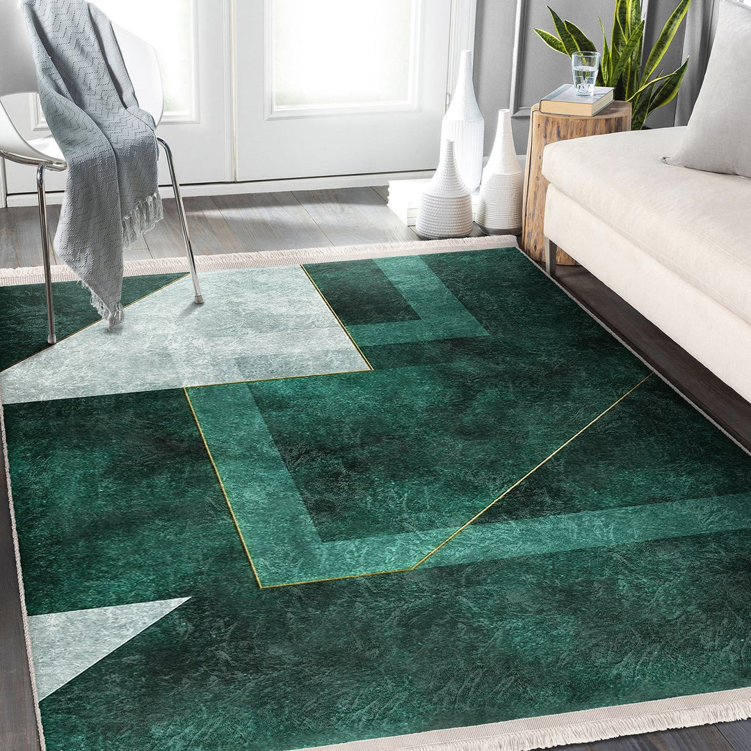 Abstract Green Rug|Stylish Area Carpet|Decorative Carpet|Machine-Washable Fringed Non-Slip Rug|Multi-Purpose Anti-Slip Floor Covering Rug