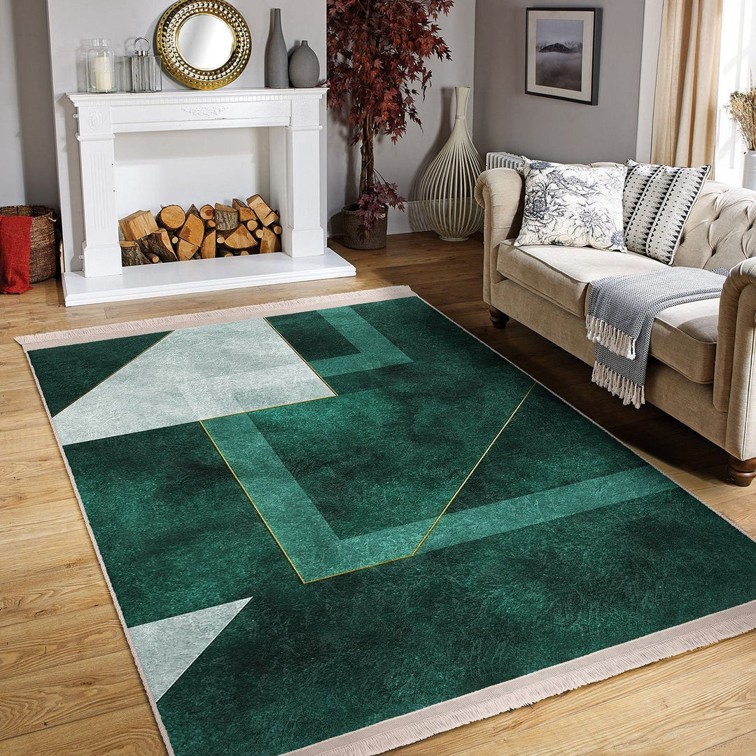 Abstract Green Rug|Stylish Area Carpet|Decorative Carpet|Machine-Washable Fringed Non-Slip Rug|Multi-Purpose Anti-Slip Floor Covering Rug